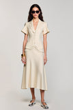 Robe Midi Satin Abricot Trapèze Revers Cranté