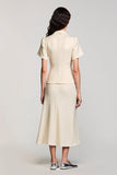 Robe Midi Satin Abricot Trapèze Revers Cranté