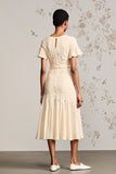 Robe Midi Abricot Dentelle Trapèze Col Bijou