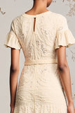 Robe Midi Abricot Dentelle Trapèze Col Bijou