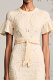Robe Midi Abricot Dentelle Trapèze Col Bijou
