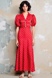 Robe Longue Rouge Trapèze Satin À Pois