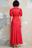 Robe Longue Rouge Trapèze Satin À Pois
