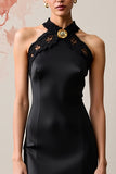 Robe Longue Satin Noir Fourreau Licou