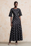 Robe Longue Noir À Pois Trapèze Satin