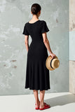 Robe Midi Noir Satin Trapèze Col Carré