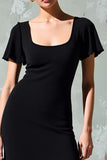 Robe Midi Noir Satin Trapèze Col Carré