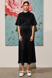 Robe Midi Noir Satin Trapèze Col Bijou