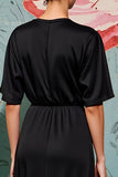 Robe Midi Noir Satin Trapèze Col Bijou