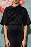 Robe Midi Noir Satin Trapèze Col Bijou