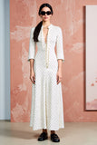 Robe Longue Blanc À Pois Trapèze Satin Col V