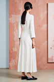 Robe Longue Blanc À Pois Trapèze Satin Col V