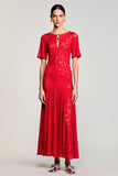 Robe Longue Rouge Trapèze Dentelle Col Bateau