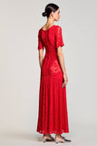 Robe Longue Rouge Trapèze Dentelle Col Bateau