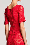 Robe Longue Rouge Trapèze Dentelle Col Bateau