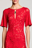 Robe Longue Rouge Trapèze Dentelle Col Bateau