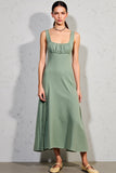 Robe Longue Vert Trapèze Satin Col Carré