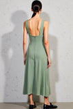 Robe Longue Vert Trapèze Satin Col Carré
