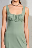 Robe Longue Vert Trapèze Satin Col Carré