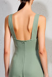 Robe Longue Vert Trapèze Satin Col Carré