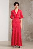 Robe Longue Rouge Fourreau À Pois Col V