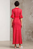 Robe Longue Rouge Fourreau À Pois Col V