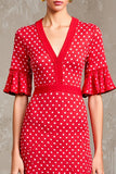 Robe Longue Rouge Fourreau À Pois Col V
