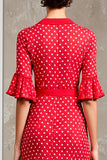 Robe Longue Rouge Fourreau À Pois Col V