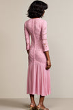 Robe Midi Rose Dentelle Fourreau Col Bateau