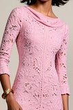 Robe Midi Rose Dentelle Fourreau Col Bateau
