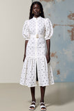 Robe Midi Blanc Trapèze Col Montant À Pois