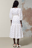 Robe Midi Blanc Trapèze Col Montant À Pois