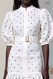 Robe Midi Blanc Trapèze Col Montant À Pois