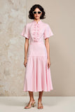 Robe Midi Rose Trapèze Col Montant