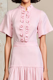 Robe Midi Rose Trapèze Col Montant