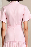 Robe Midi Rose Trapèze Col Montant