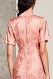 Robe Longue Rose Trapèze Satin Revers Cranté
