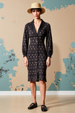 Robe Midi Noir Satin Fourreau À Pois Revers Cranté