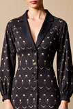 Robe Midi Noir Satin Fourreau À Pois Revers Cranté