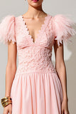 Robe Midi Rose Appiqued Trapèze Col V