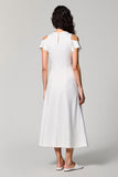 Robe Midi Blanc Satin Trapèze Col Bijou