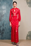Robe Longue Rouge Dentelle Fourreau Col Bijou