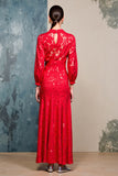 Robe Longue Rouge Dentelle Fourreau Col Bijou