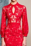 Robe Longue Rouge Dentelle Fourreau Col Bijou