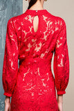 Robe Longue Rouge Dentelle Fourreau Col Bijou
