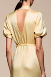 Robe Midi Jaune Satin Fourreau Col V
