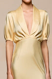 Robe Midi Jaune Satin Fourreau Col V