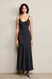 Robe Longue Noir Satin À Pois Trapèze Bretelles Spaghetti