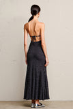 Robe Longue Noir Satin À Pois Trapèze Bretelles Spaghetti