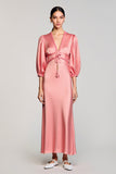 Robe Longue Satin Rose Trapèze Col V